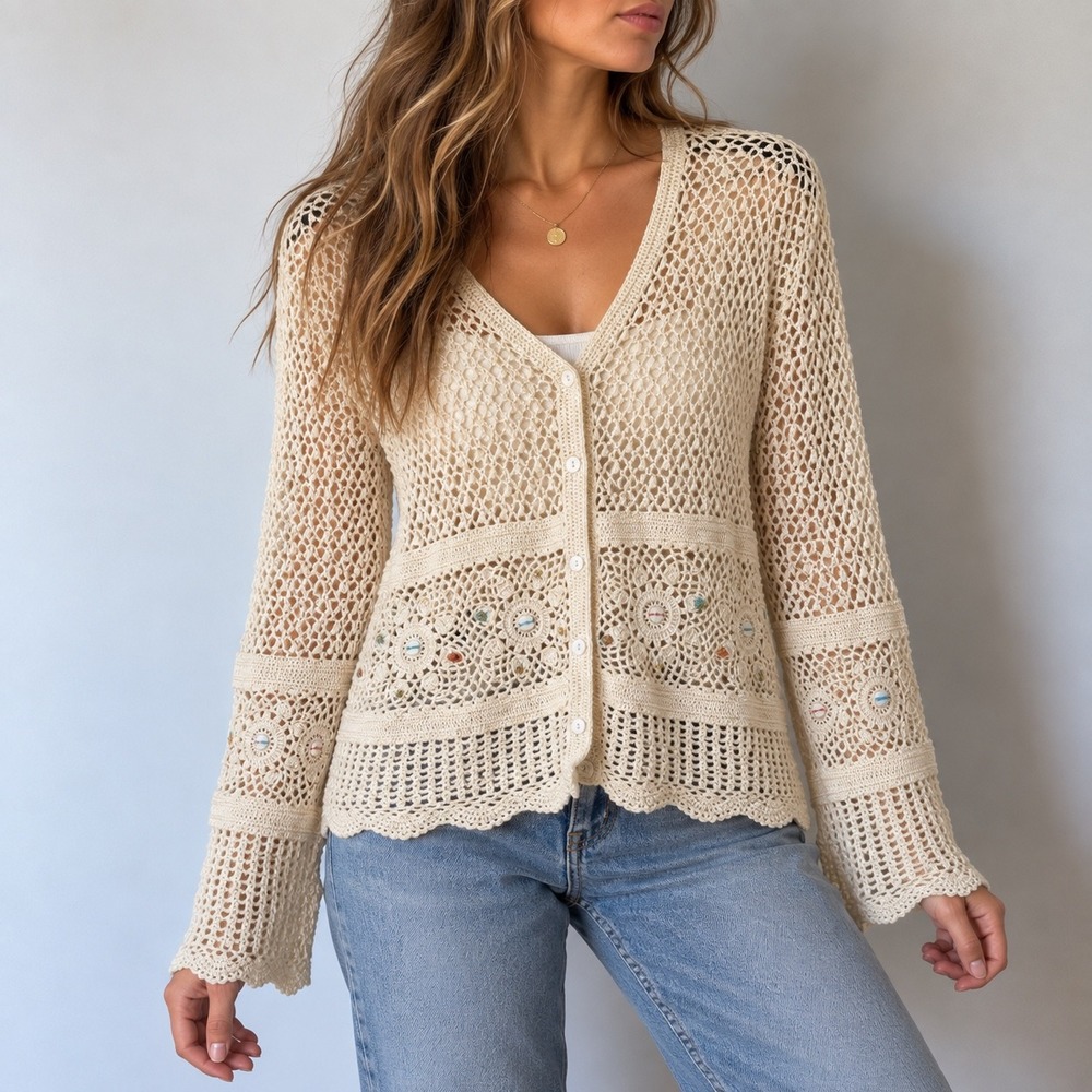 NorthStyle Cream Crochet Floral Cardigan Small Boho Grandmacore Coastal Y2K